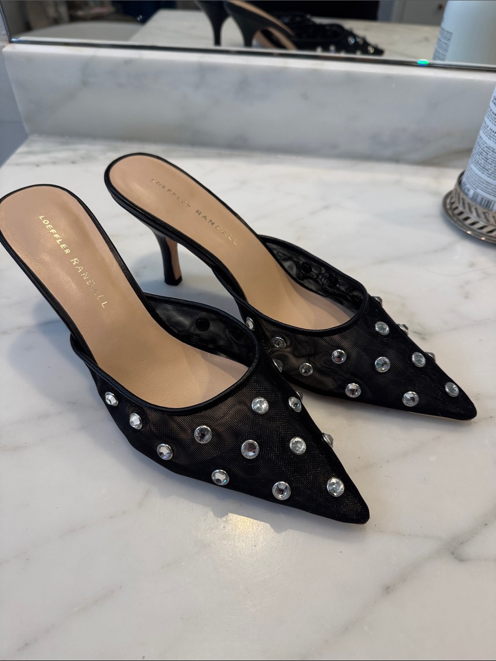 Loeffler Randall Black Mesh Pointed-Toe Crystal Stud Mules